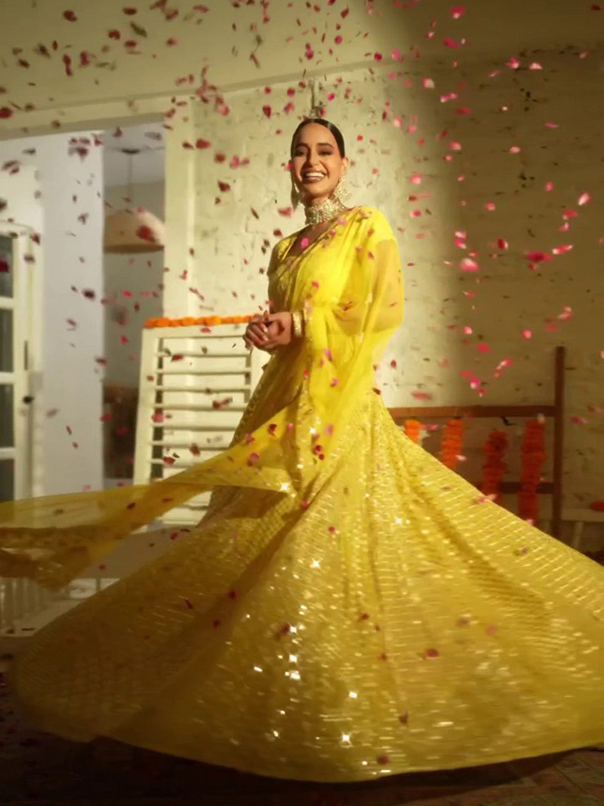 Buy a stunning Georgette lehenga choli with 9MM sequin and zari embroidery, semi-stitched cancan and canvas lehenga, blouse fabric and stitched dupatta.