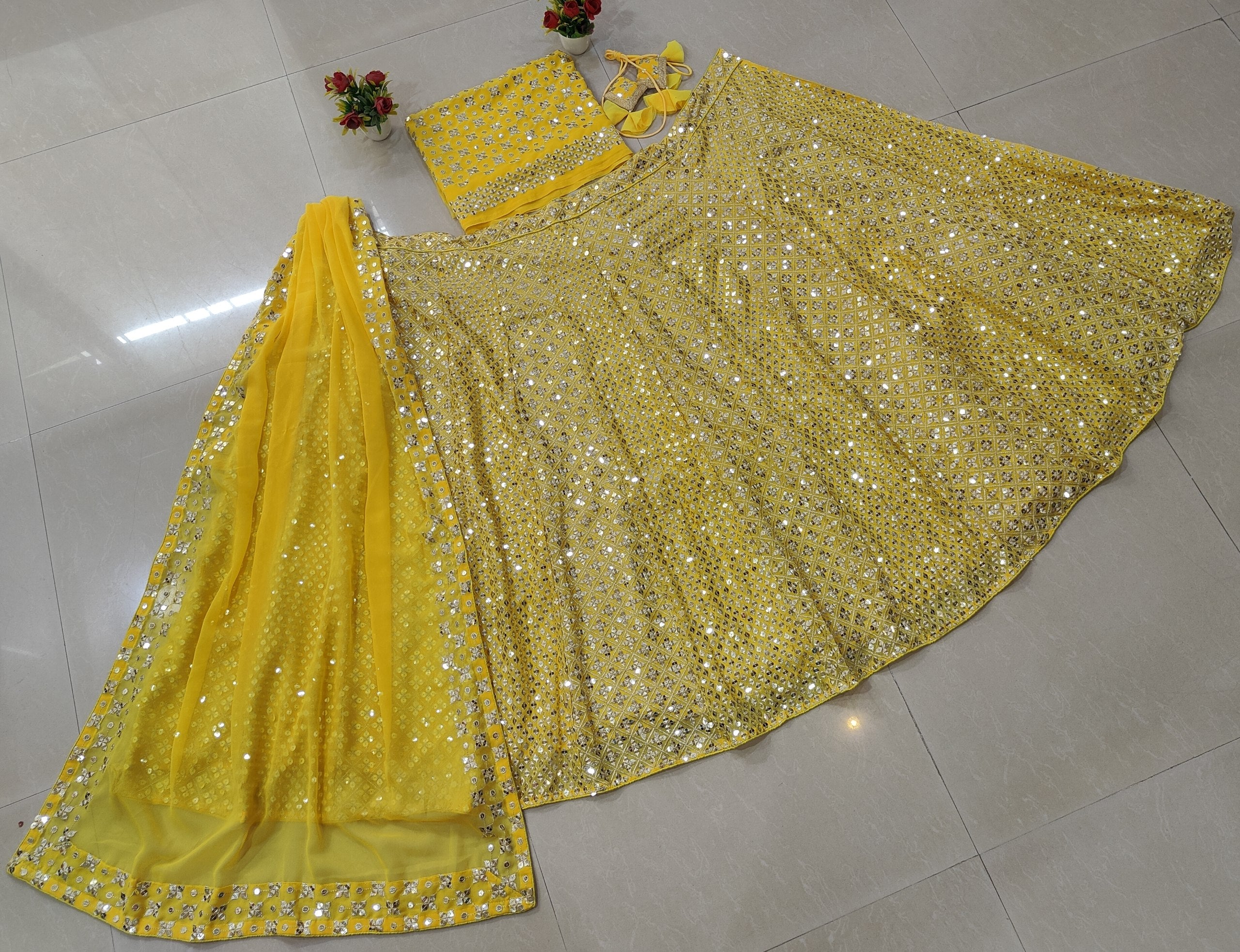 Faux Georgette Sequin Zari Embroidered Wedding Lehenga Set