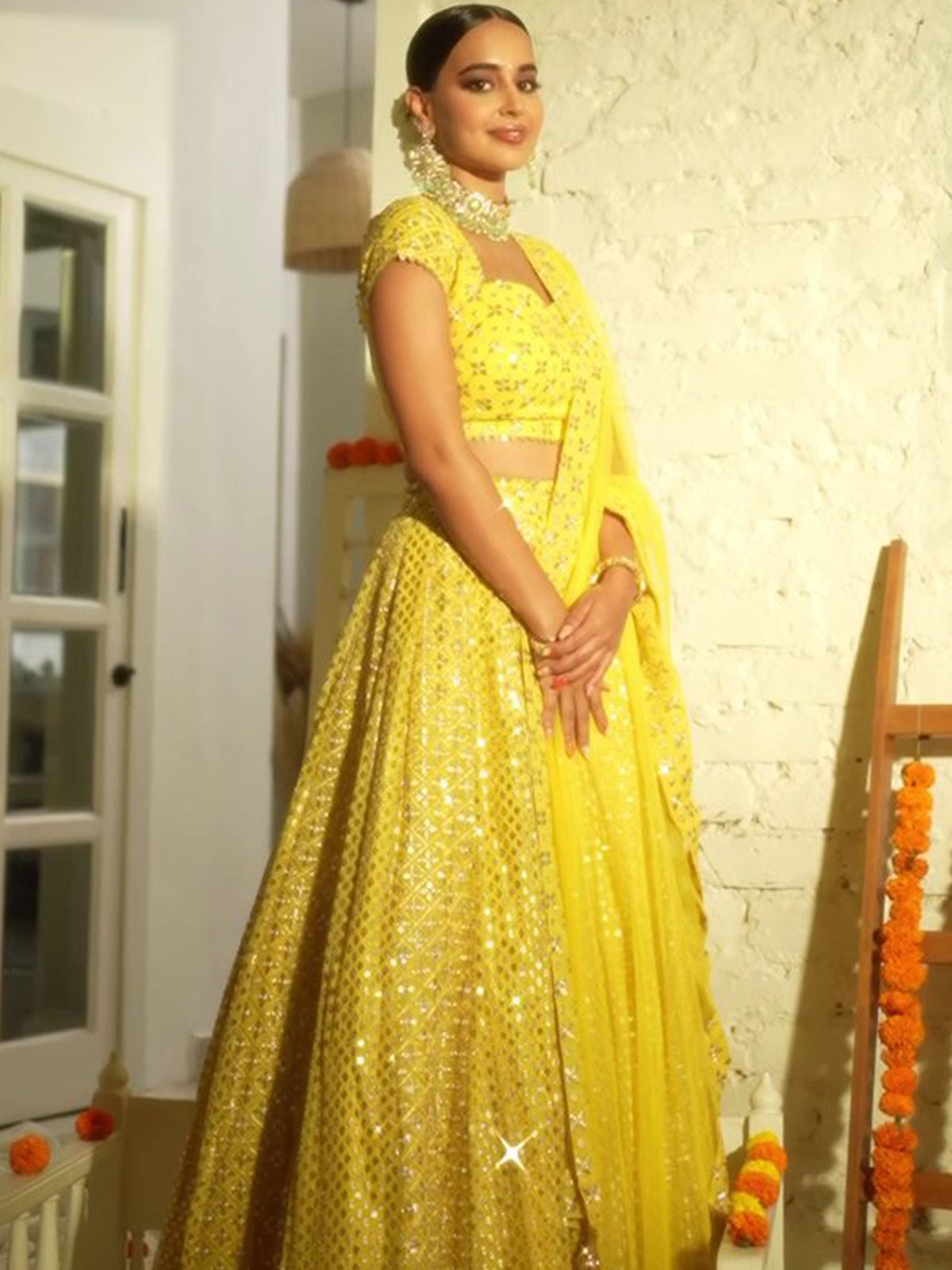 Find an elegant lehenga for women and girls with faux georgette, sequin zari embroidery, cancan and canvas, unstitched blouse fabric and stitched dupatta.