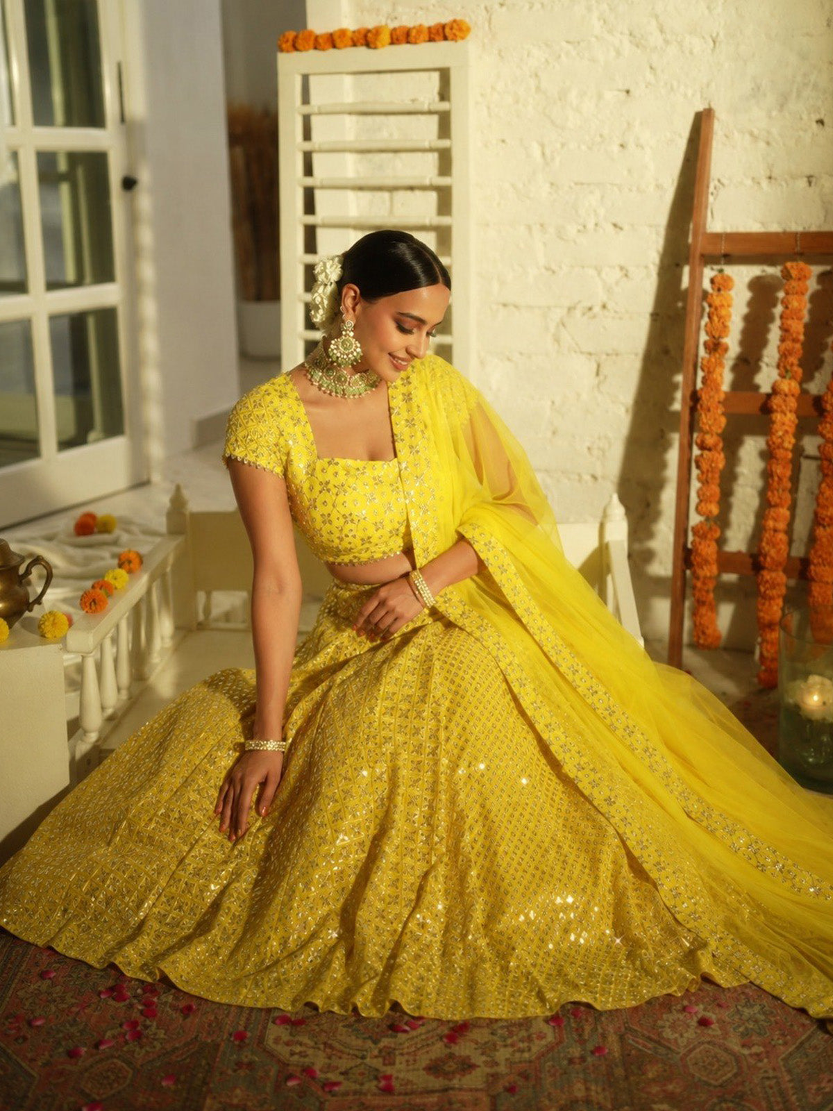 Shop this sequin lehenga choli for wedding functions with faux georgette, 9MM zari embroidery, handmade tassels, 3m flair and a beautiful border dupatta.