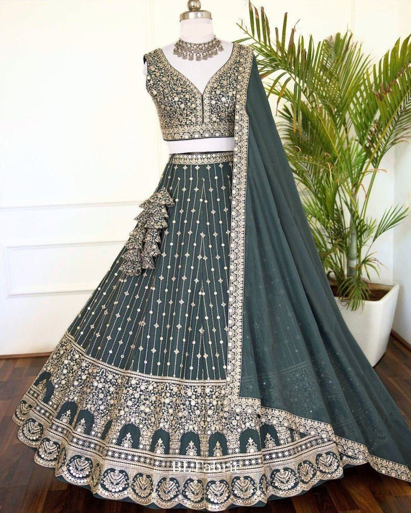 Light Green Wedding Lehenga Choli with Sequins and Jari Embroidery by FEALDEAL