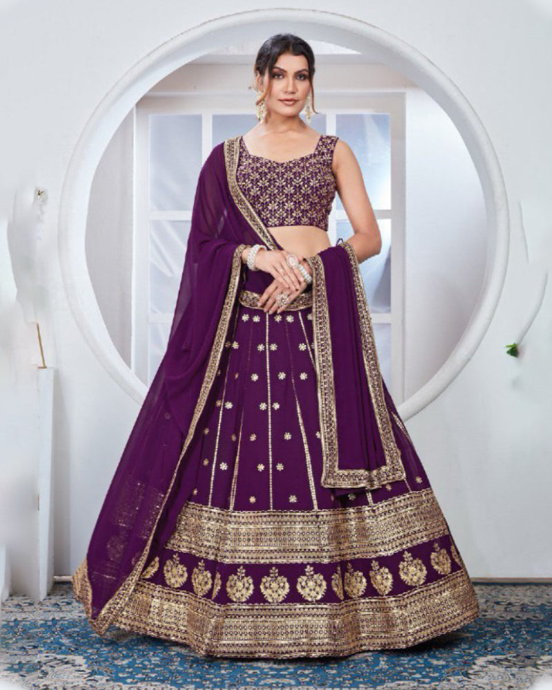 Elegant Purple Wedding Lehenga Choli Set with Thread and Sequence Embroidery for Women