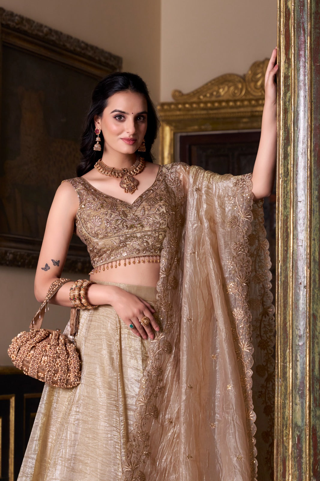 FEALDEAL presents Golden Crushed Lehenga Choli, a timeless georgette lehenga with blouse & dupatta. Perfect for women lehenga weddings & festive looks.