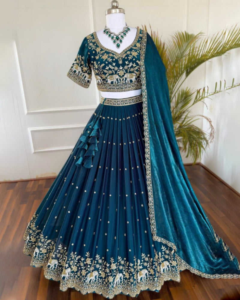 Peacock Blue Silk Dupatta with Lace Border and Embroidery for Wedding Lehenga Set