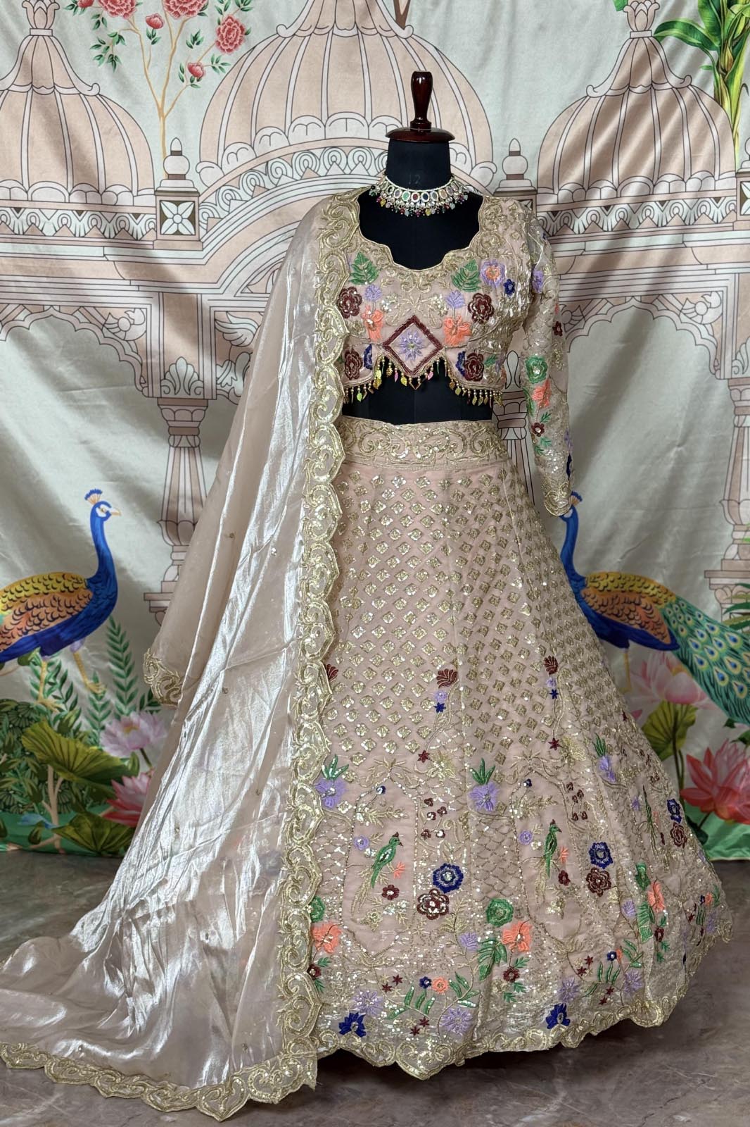 Discover elegant lehenga design in Jimmy Chu fabric with 4-meter flare. Semi-stitched wedding lehenga choli for women & girls at the best lehenga price.