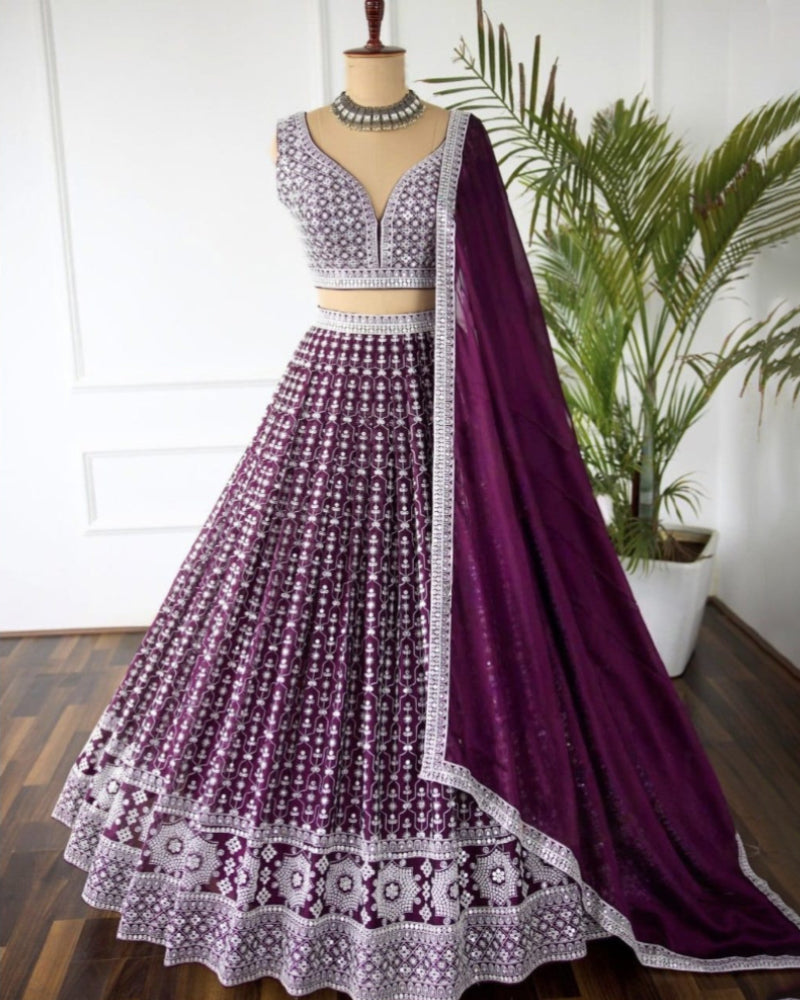 Purple Faux Georgette Wedding Lehenga Choli for Women with Sequins Embroidery
