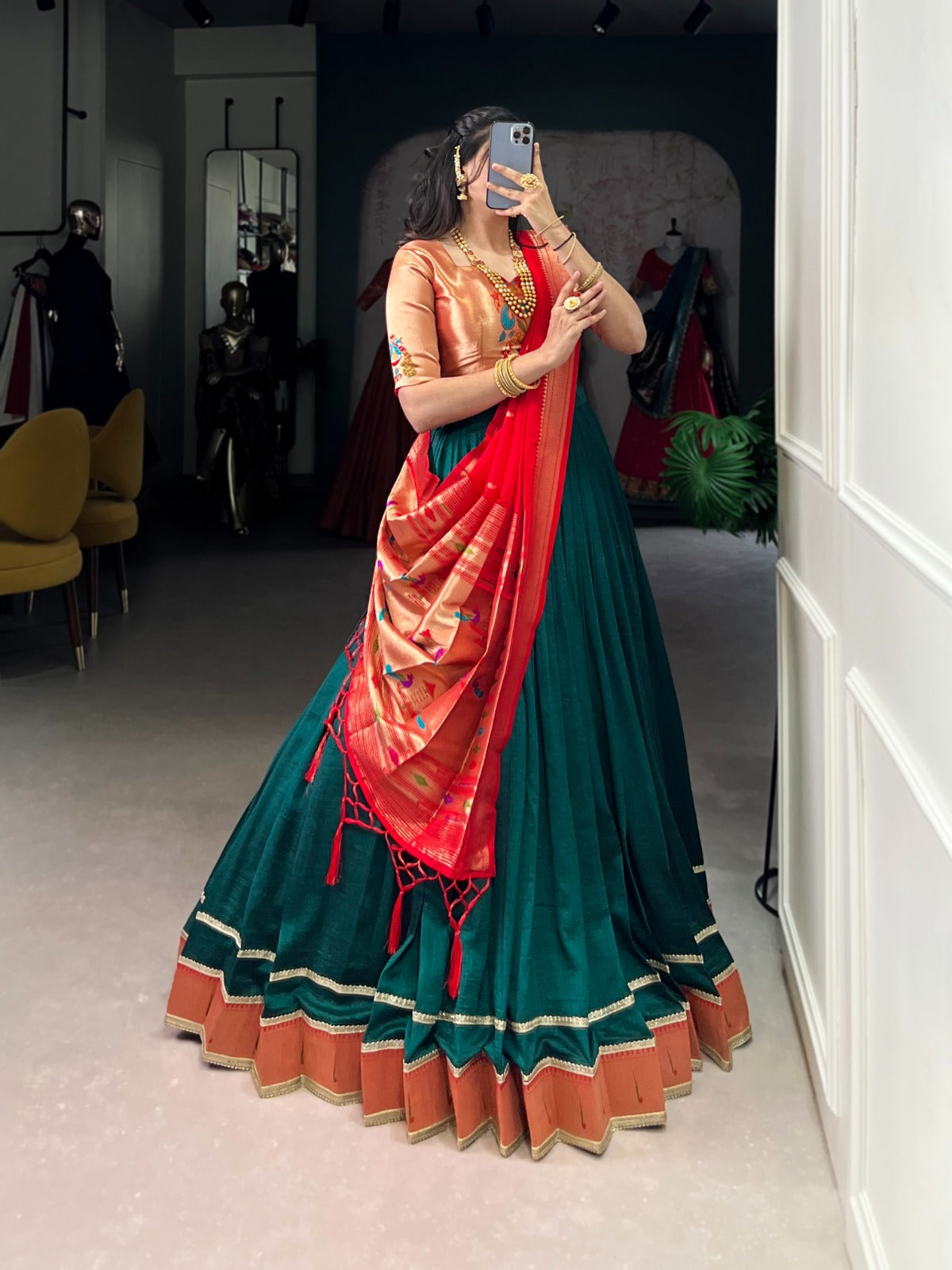 Traditional Paithani Silk Blouse With Vichitra Silk Lehenga Indian Ethnic Wear for Weddings in Green Traditional Paithani Silk Blouse With Vichitra Silk Lehenga Indian Ethnic Wear for Weddings in Green