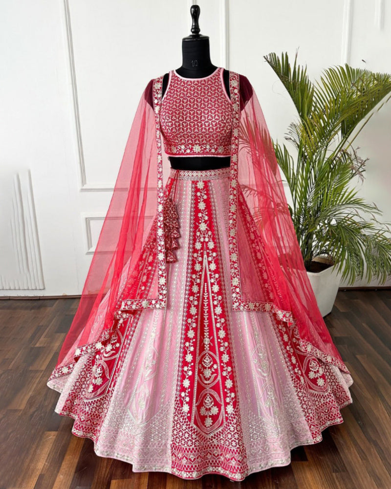 Multicolor wedding lehenga choli for women with sequins embroidery – FEALDEAL | Semi-stitched faux georgette lehenga with 3.5 meter flair and thread embroidery