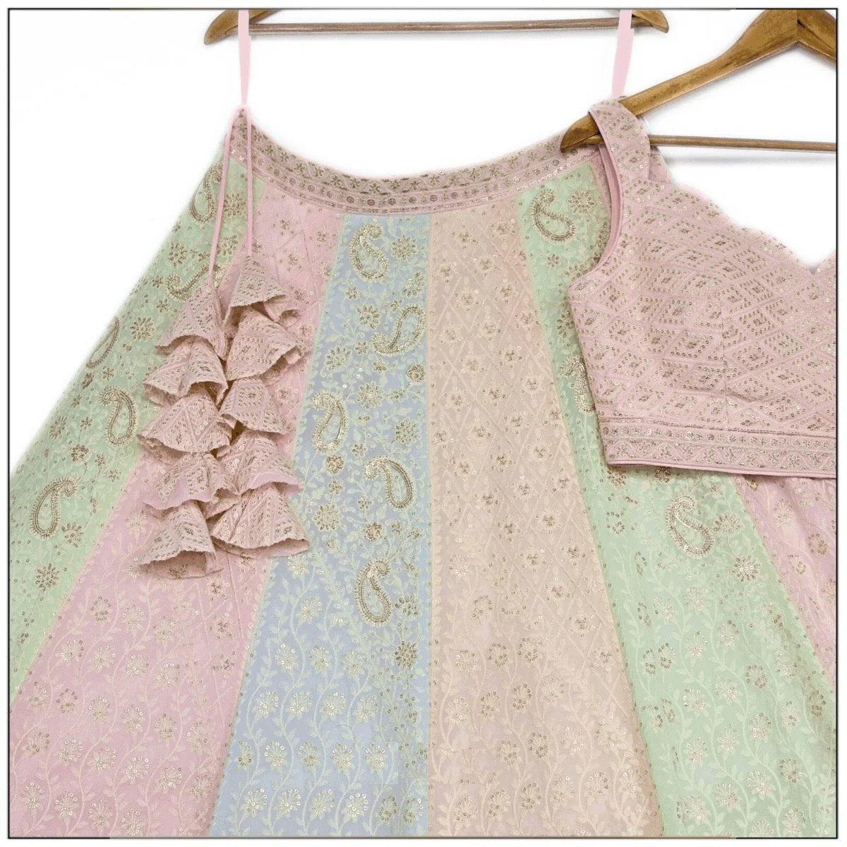 Girls lehenga choli for Navratri 2025 – multicolor embroidered design | Sequin embroidered bridal lehenga in pastel shades with net dupatta