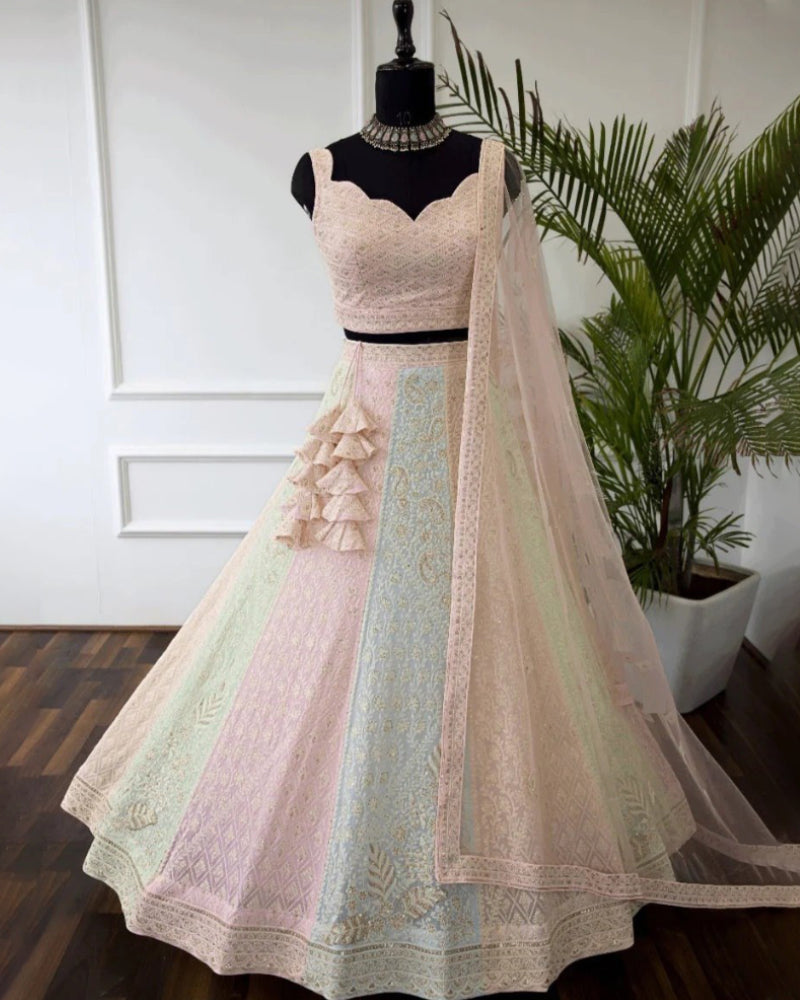 Lehenga for bride with multicolor sequins and embroidered dupatta | Designer lehenga choli for girls in vibrant pastel colors – wedding collection