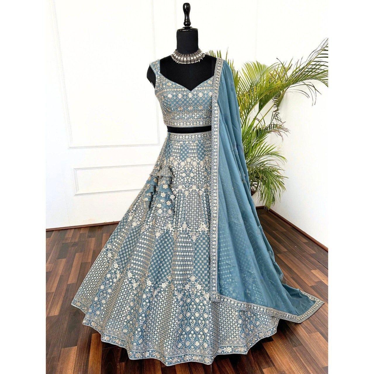 Girls Lehenga Choli in Light Blue with Sequin and Thread Work, Lehenga Choli Set for Women – Light Blue Festive Wear