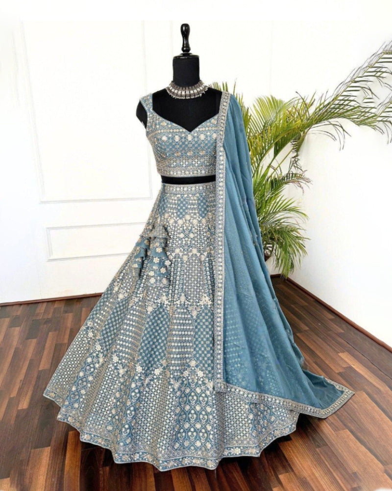 Lehenga Blouse and Dupatta Set in Light Blue for Women | Pastel Blue Lehenga Choli with Dupatta for Navratri and Weddings