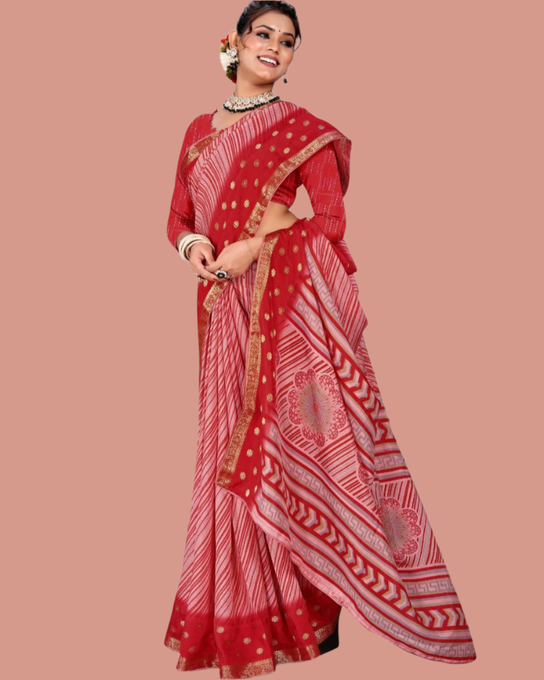 Red color Strip Print Jacquard border Dola Silk saree with blouse for women - 14563