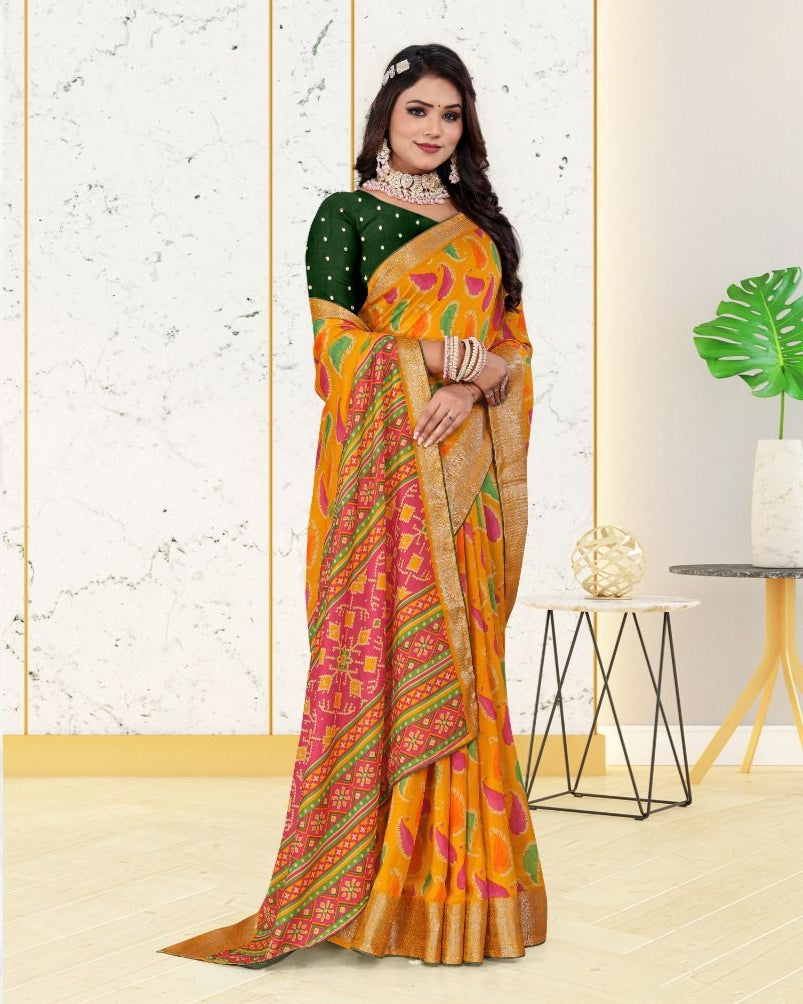 Yellow color Jacquard Contrast Piping Border Cotton saree with blouse for women - 14281