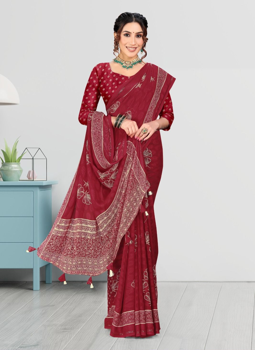 Red color Jacquard Butta Satin border Georgette saree with blouse for women - 13943
