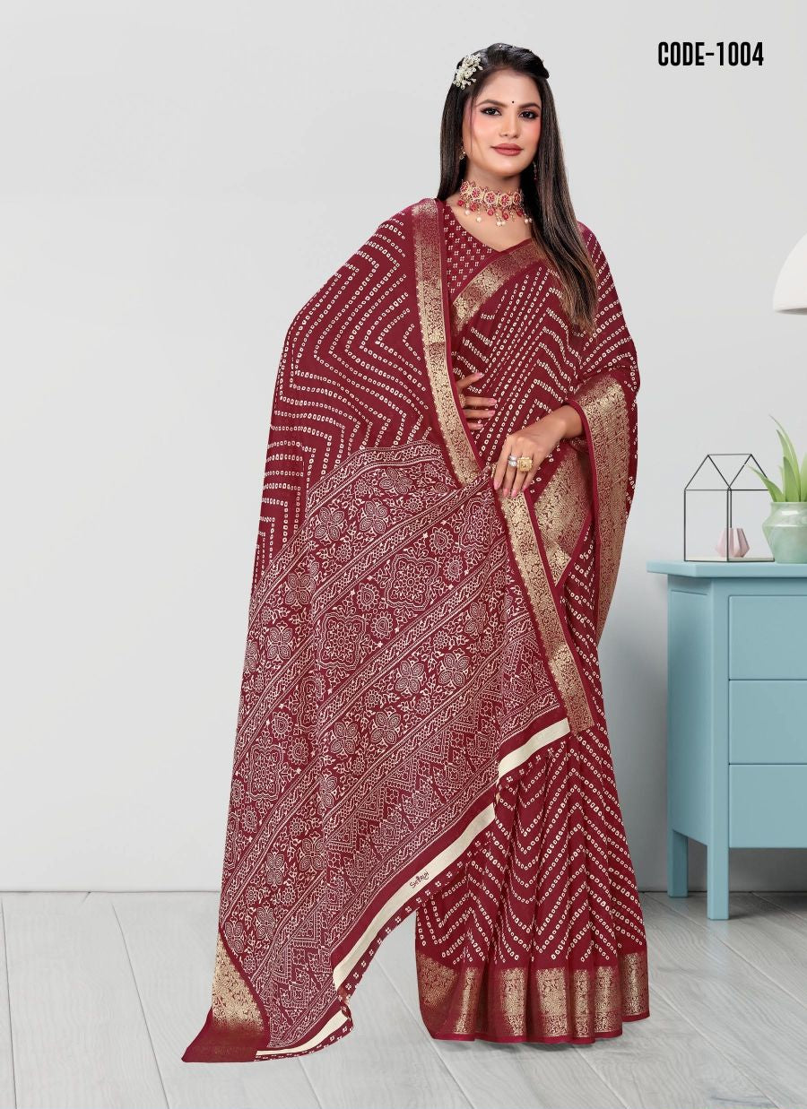Maroon color Laheriya print Zari border Soft cotton saree with blouse for women - 14310