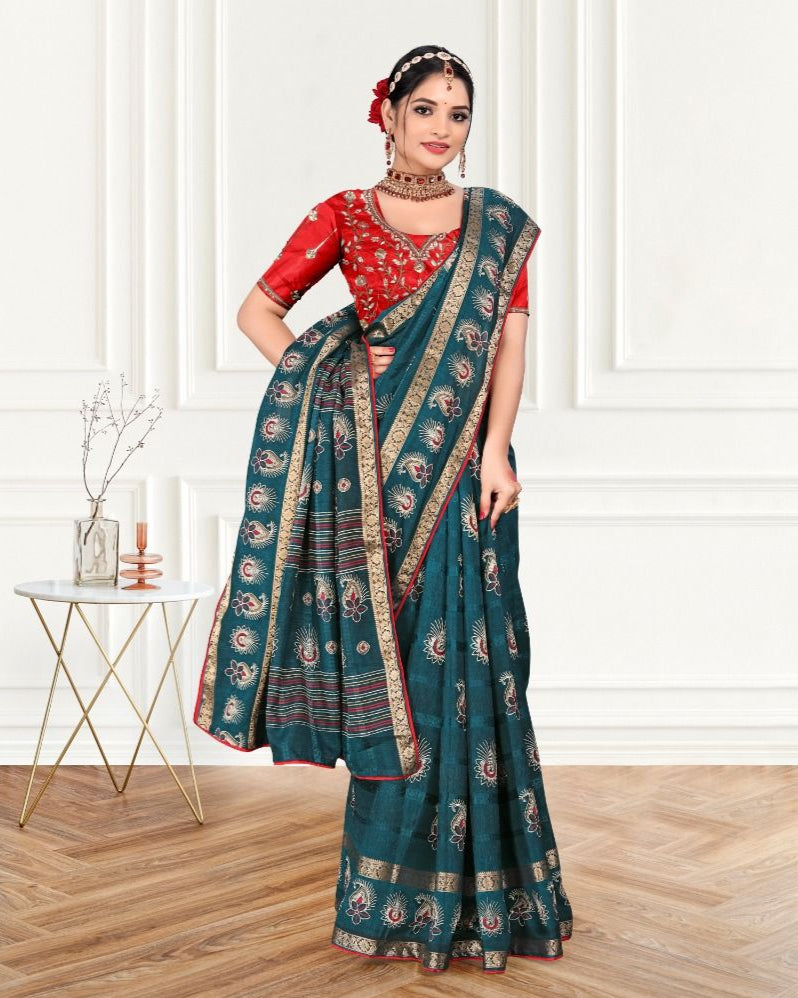 Blue color Handwork Viscose border Cotton saree with blouse for women - 13682