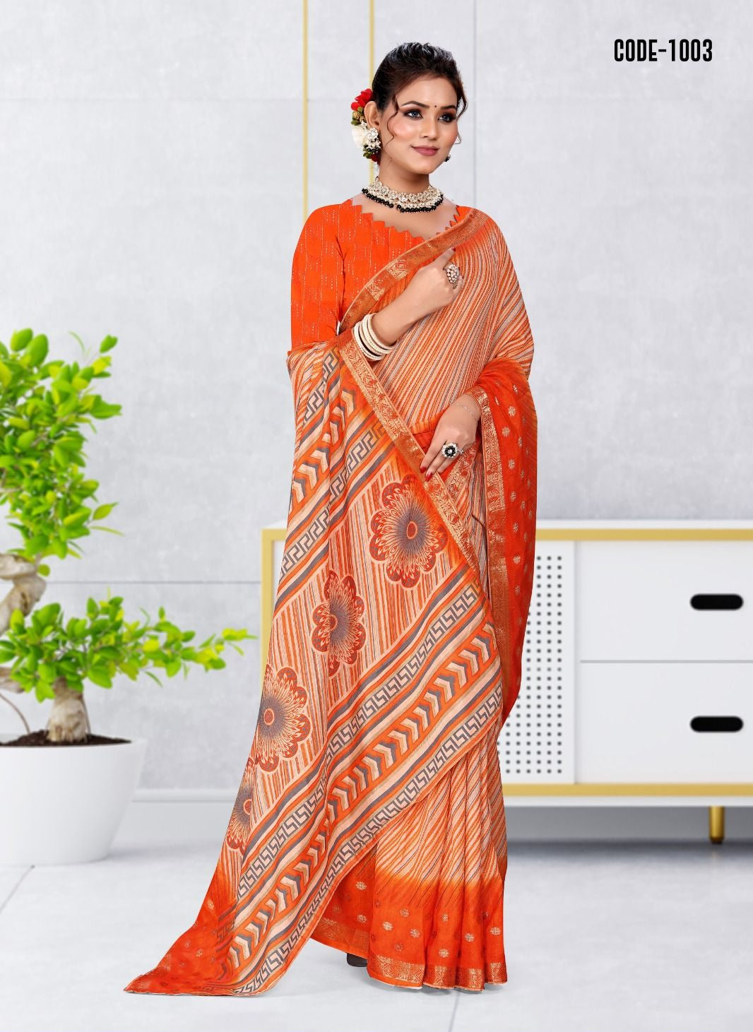 Orange color Strip Print Jacquard border Dola Silk saree with blouse for women - 14565
