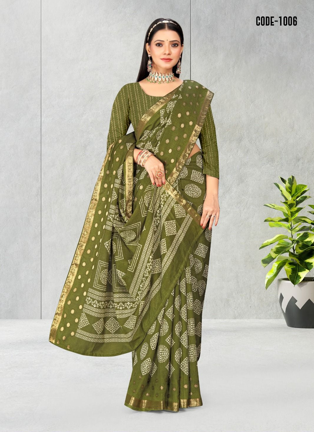 Olive green color Geometric Print Jacquard border Dola Silk saree with blouse for women - 14576