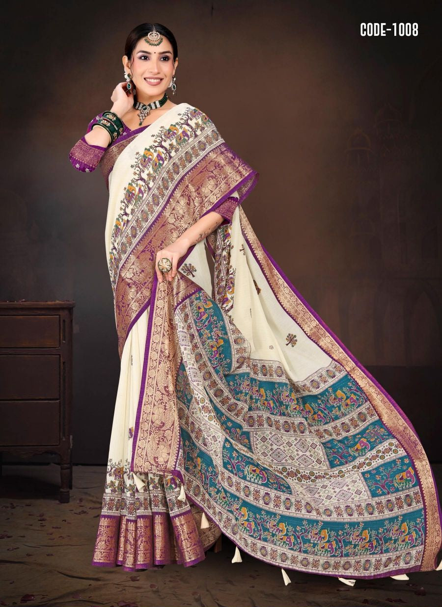 Violet color Madhubani print Cotton saree with blouse for women - 13534