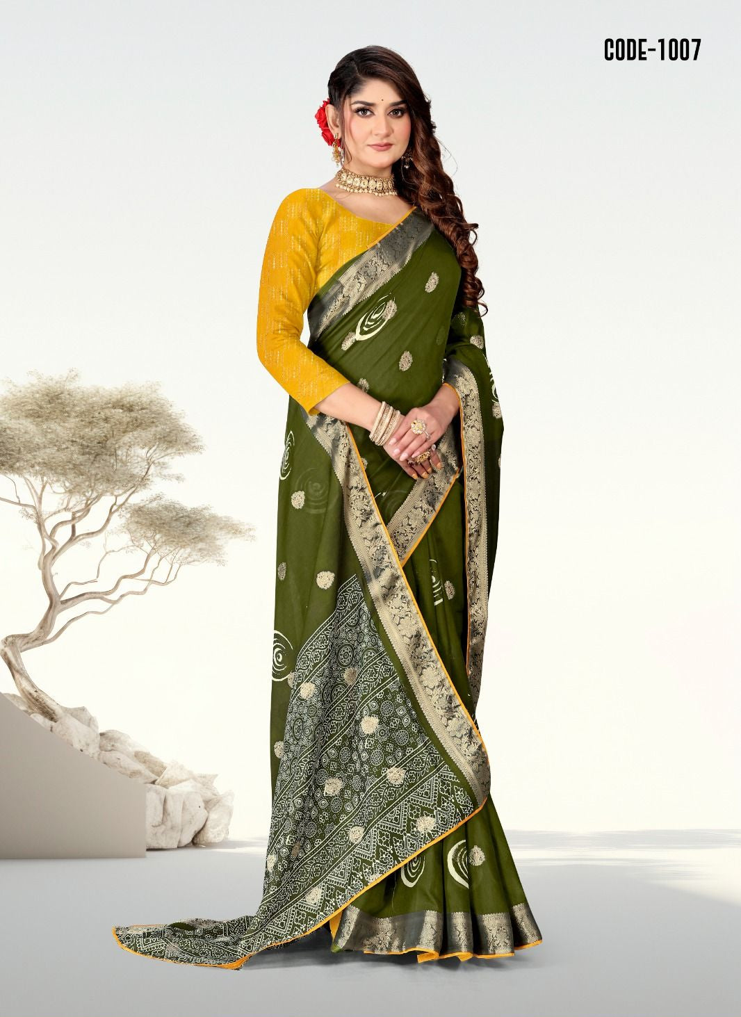 Mehendi Green color Jacquard Butta Soft cotton saree with blouse for women - 13978