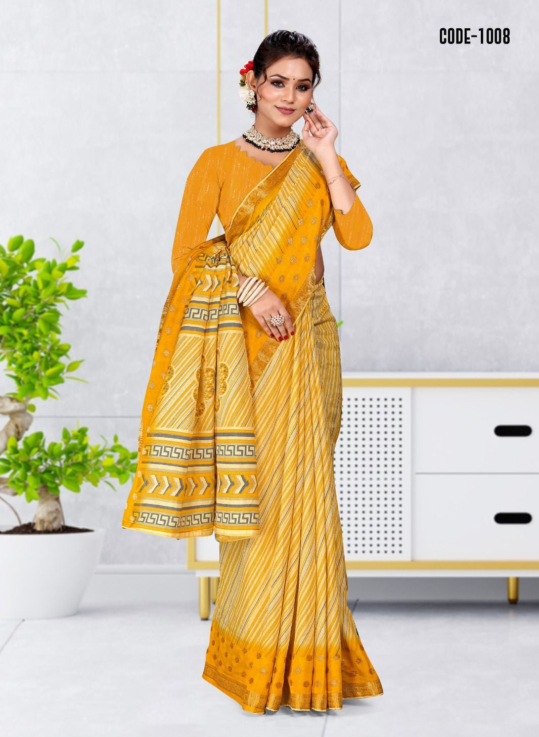 Yellow color Strip Print Jacquard border Dola Silk saree with blouse for women - 14570