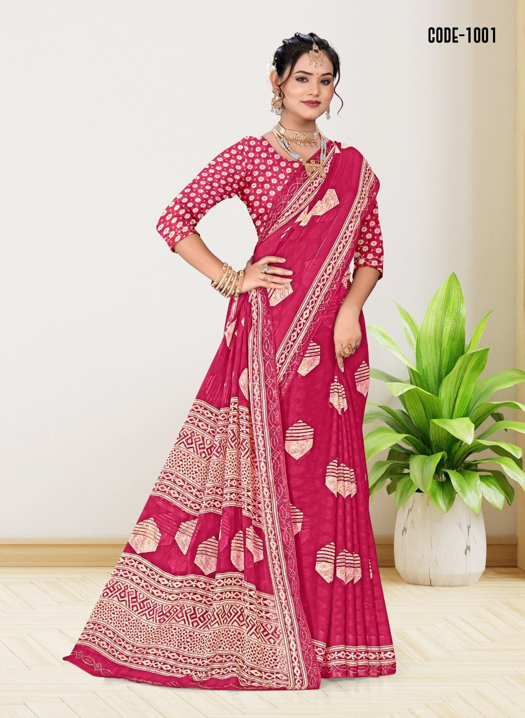 Pink color Jacquard Butta woven border Georgette saree with blouse for women - 14293
