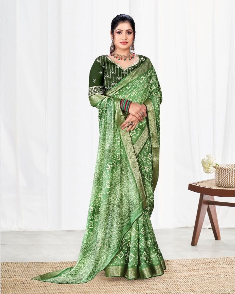 Mehendi Green color Ombre design Jacquard border Soft Cotton Spray Test) saree with blouse for women - 13888