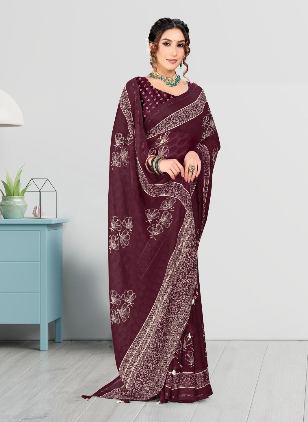 Purple color Jacquard Butta Satin border Georgette saree with blouse for women - 13949