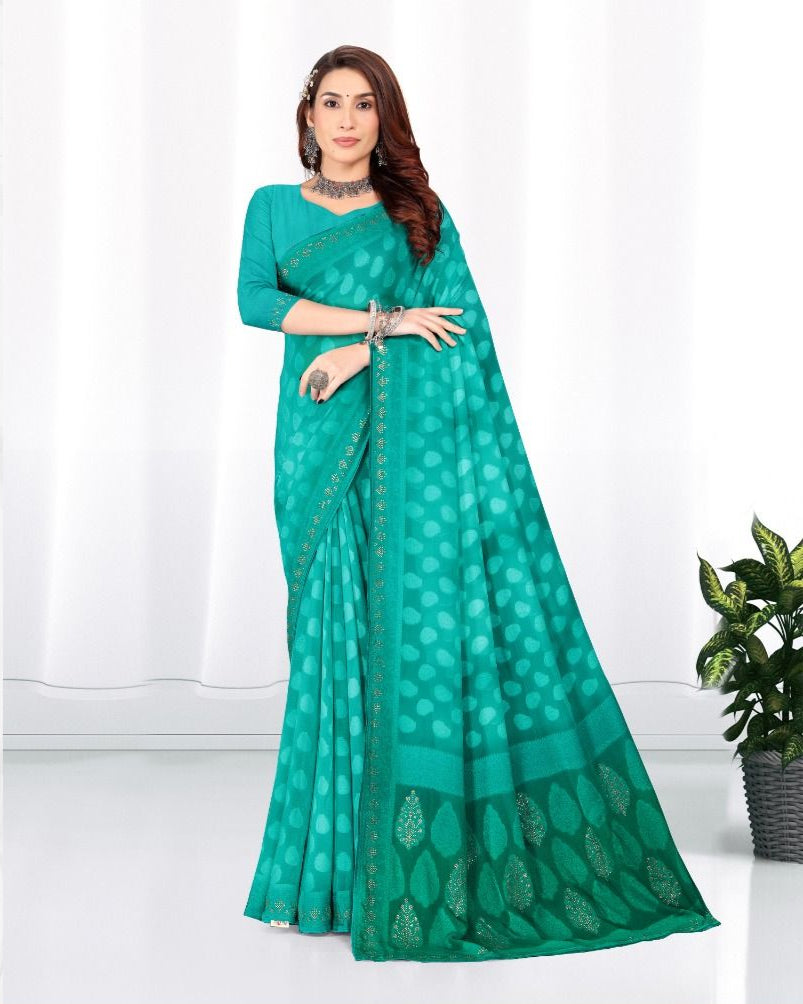 Turquoise color Georgette Diamond work Brasso cut siroski saree with blouse for women - 14020