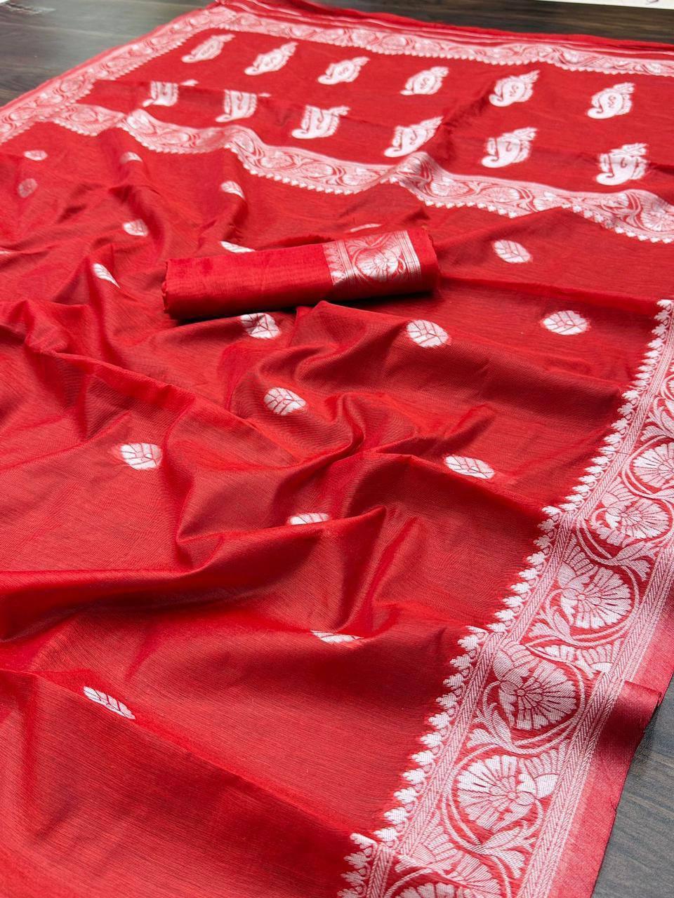 Red soft Linen cotton woven saree
