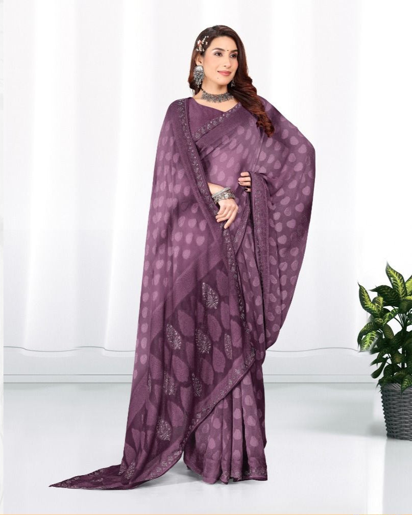 Orchid color Georgette Diamond work Brasso cut Swarovski saree with blouse for women - 14026