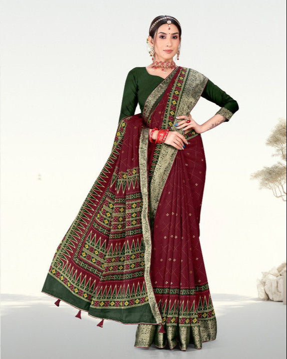 Maroon color Latest Zari Weaving Jacquard border Soft Cotton saree with blouse for women - 14329