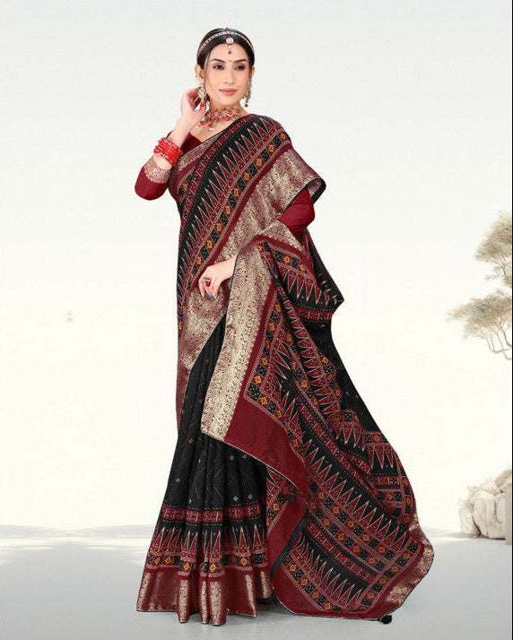 Black color Latest Zari Weaving Jacquard border Soft Cotton saree with blouse for women - 14332