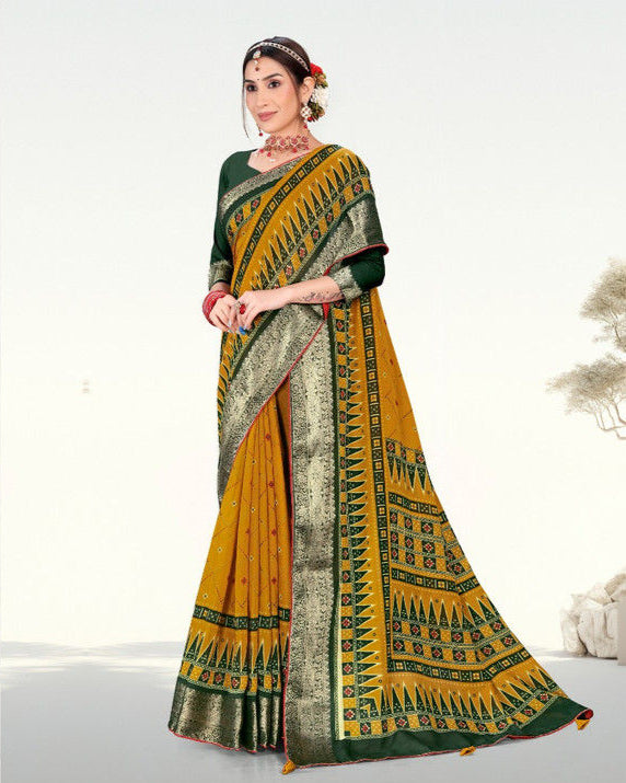 Yellow color Latest Zari Weaving Jacquard border Soft Cotton saree with blouse for women - 14333
