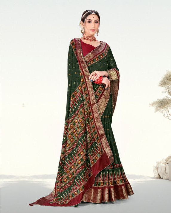 Green color Latest Zari Weaving Jacquard border Soft Cotton saree with blouse for women - 14334