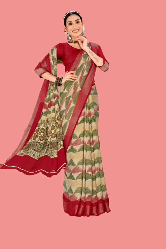 Red color Digital Print Woven Jari border Moss Chiffon saree with blouse for women - 14409