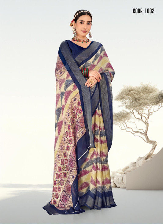 Navy Blue color Digital Print Woven Jari border Moss Chiffon saree with blouse for women - 14410