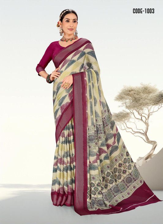 Purple color Digital Print Woven Jari border Moss Chiffon saree with blouse for women - 14411