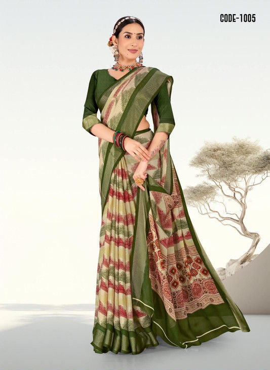 Mehendi Green color Digital Print Woven Jari border Moss Chiffon saree with blouse for women - 14413