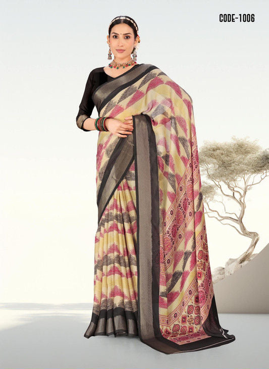 Black color Digital Print Woven Jari border Moss Chiffon saree with blouse for women - 14414