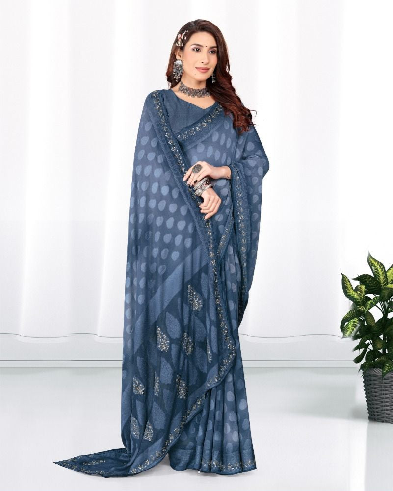 Ash Gray color Georgette Diamond work Brasso cut Swarovski saree with blouse for women - 14027