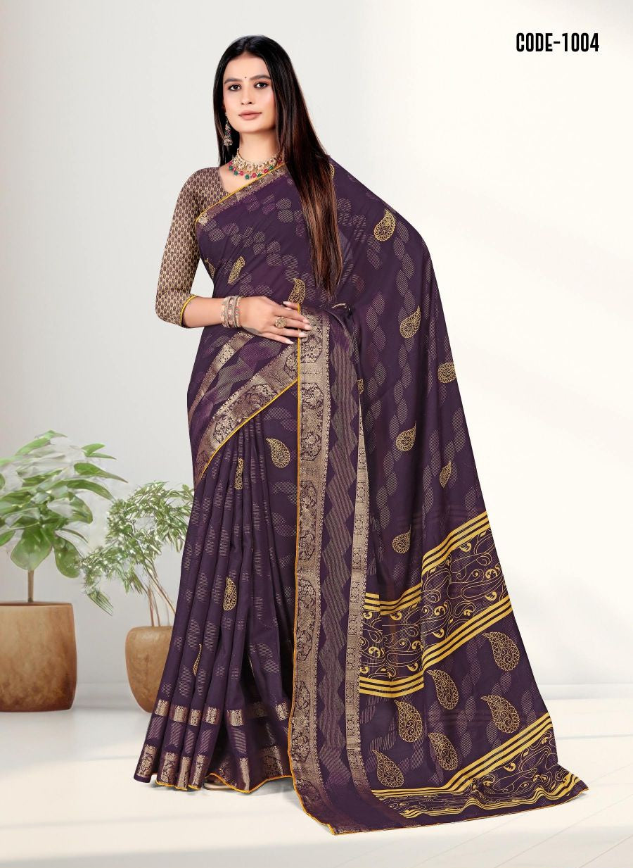 Violet color Zari Weaving Jacquard border Viscose saree with blouse for women - 13522