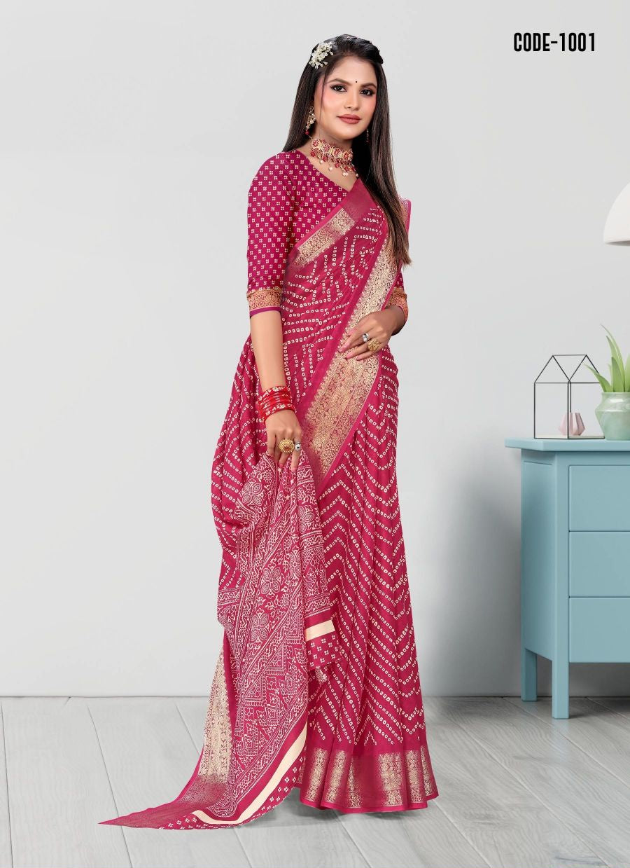 Pink color Laheriya print Zari border Soft cotton saree with blouse for women - 14307