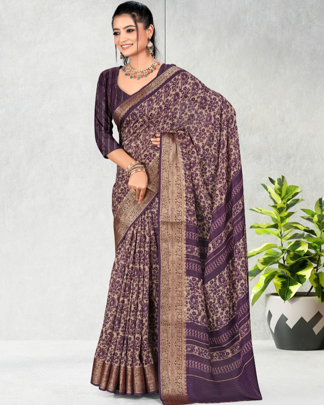 Violet color Best selling Zari Weaving Jacquard border Soft Cotton saree with blouse for women - 14335