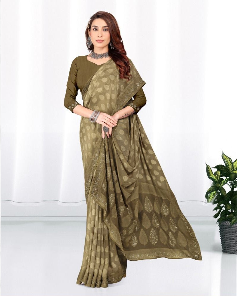 Olive Green color Georgette Diamond work Brasso cut Swarovski saree with blouse for women - 14024