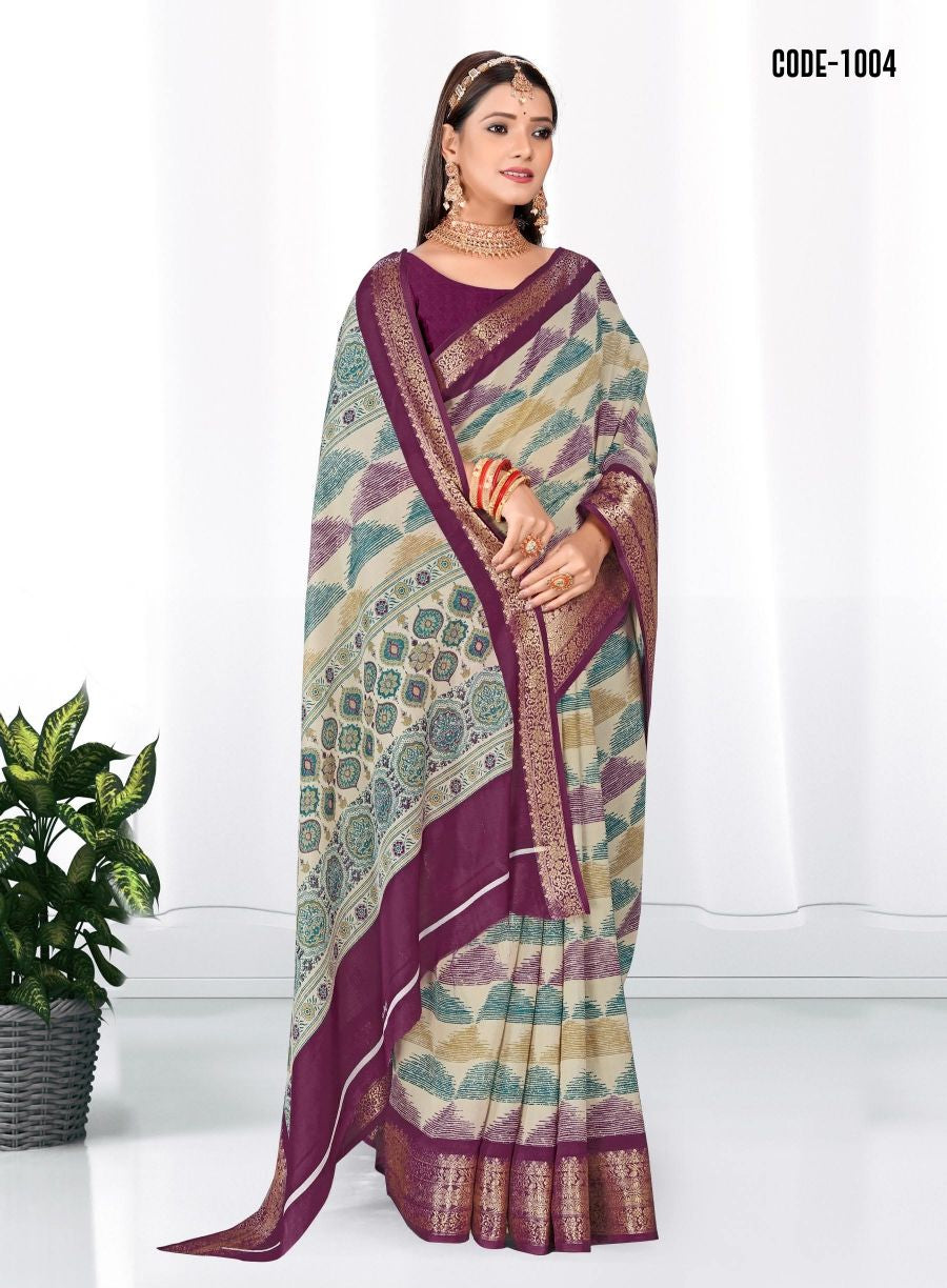 Purple color Geometric Print Zari border Soft cotton saree with blouse for women - 14326