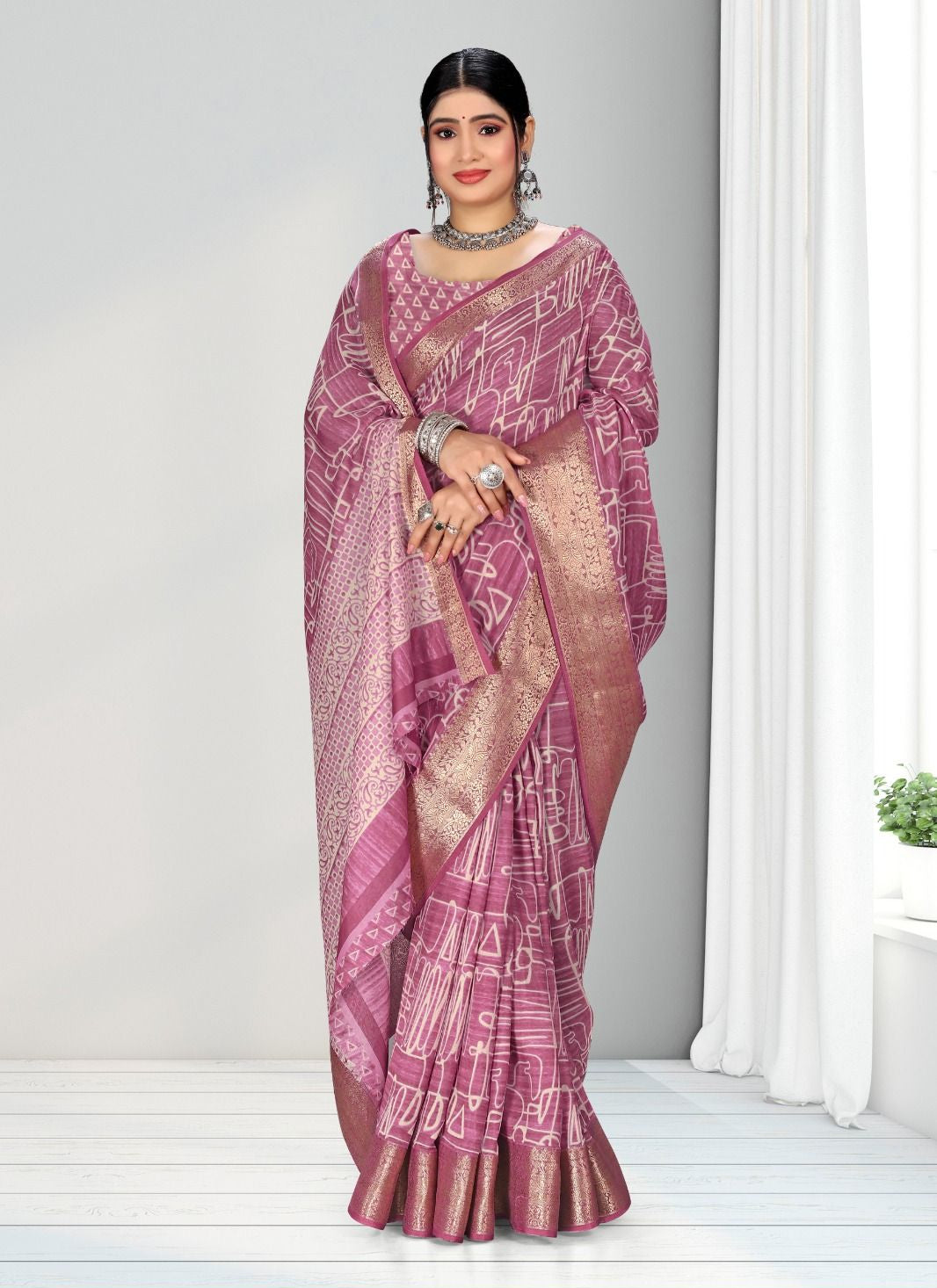 Purple color Geometric Print Zari border Soft cotton saree with blouse for women - 14303