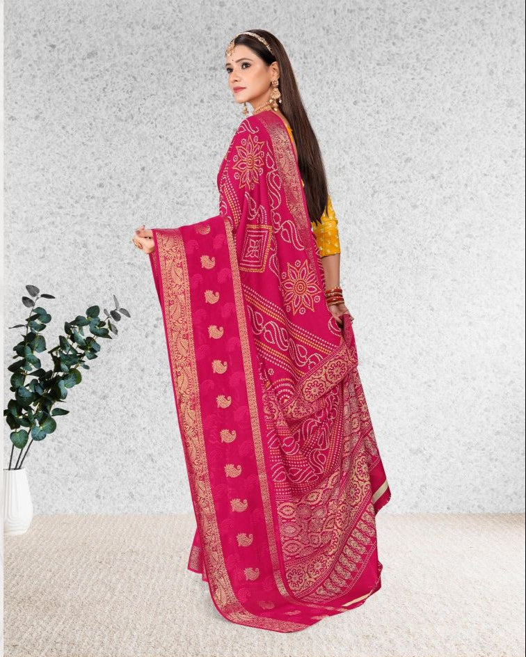 Pink color Bandhani Print Jacquard border Cotton saree with blouse for women - 14272