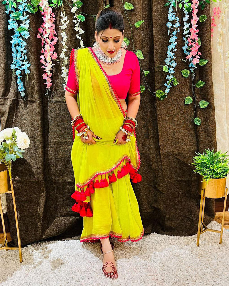 Lime Green Soft Georgette embroidered lace Saree